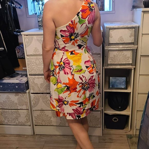Jacob size 6 one shoulder multicolour white day dress, made in Canada - Picture 2 of 3